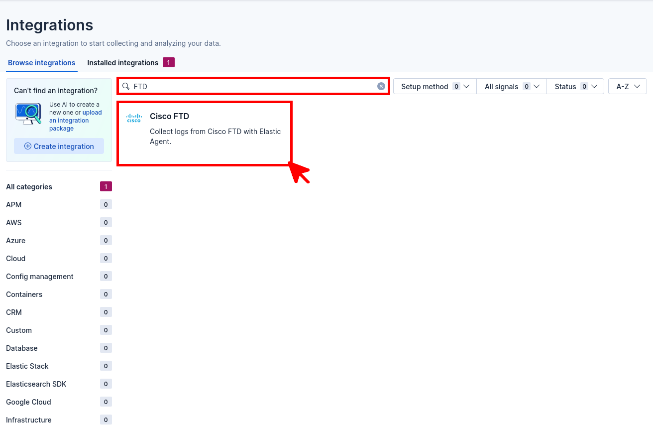 Kibana Integrations page showing a search for FTD and the Cisco FTD integration result