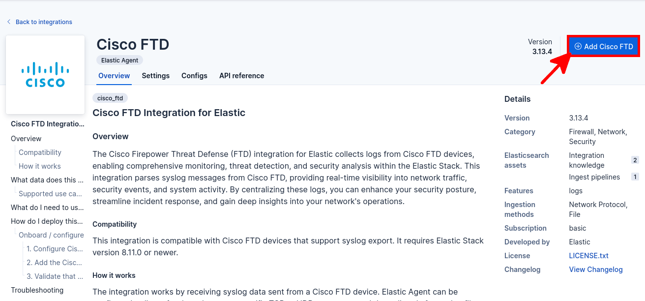 Kibana Cisco FTD integration page showing the Add Cisco FTD button