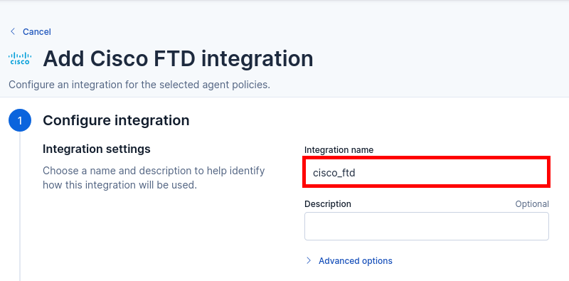 Kibana form showing the integration name field for the Cisco FTD integration