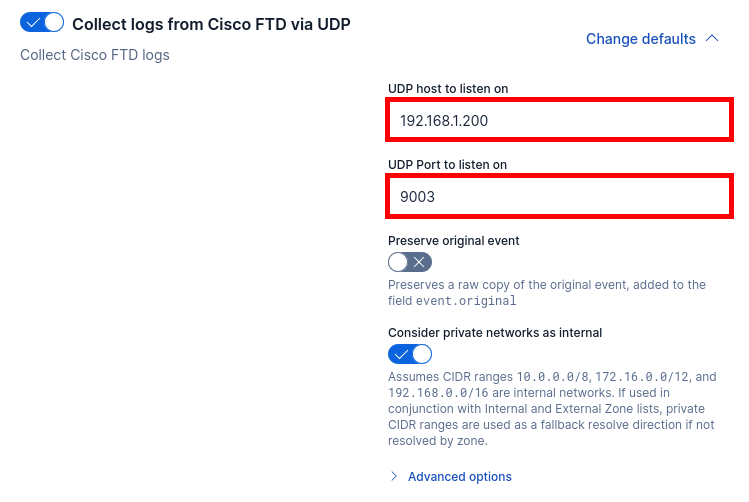 Kibana Cisco FTD integration settings showing the UDP host and port for syslog logs