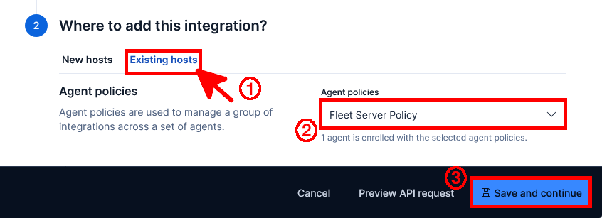 Kibana page showing the Existing hosts tab, Fleet Server Policy selection, and Save and continue button