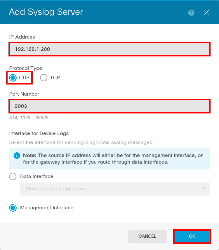 Cisco Firepower FTD dialog showing syslog server IP address, UDP protocol and port 9003