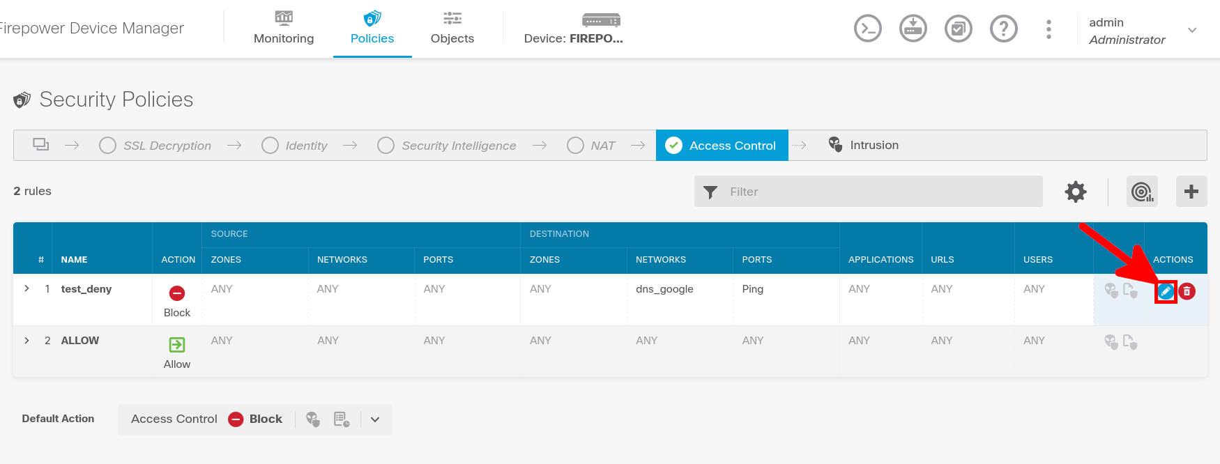 Cisco Firepower FTD access control policy showing the edit button for a firewall rule