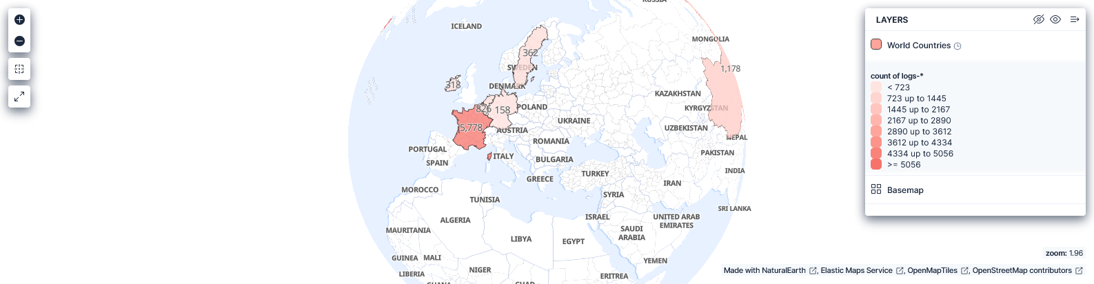 Kibana map showing Cisco FTD traffic volume by country