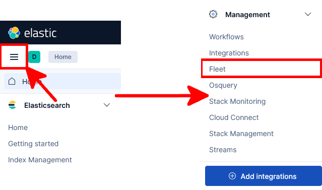 Kibana navigation menu showing the Management section and the Fleet option used to manage Elastic Agents and Fleet Server.