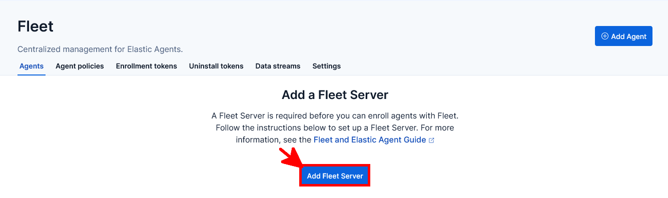 Kibana Fleet page showing the Add Fleet Server button used to start the Fleet Server setup wizard.