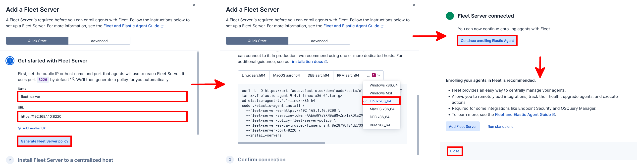 Kibana Fleet Server setup wizard showing Fleet Server name and URL configuration, Linux x86_64 platform selection, and successful Fleet Server enrollment confirmation.