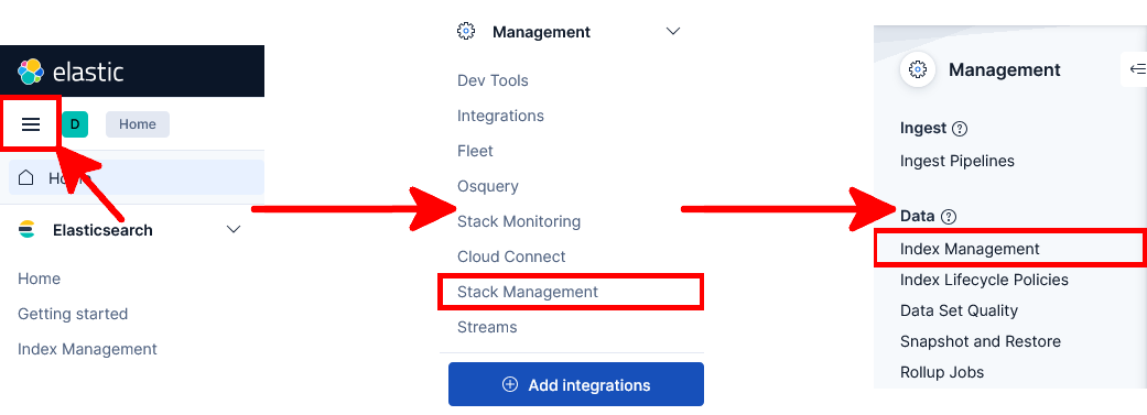 Kibana navigation menu showing the path to Stack Management and Index Management