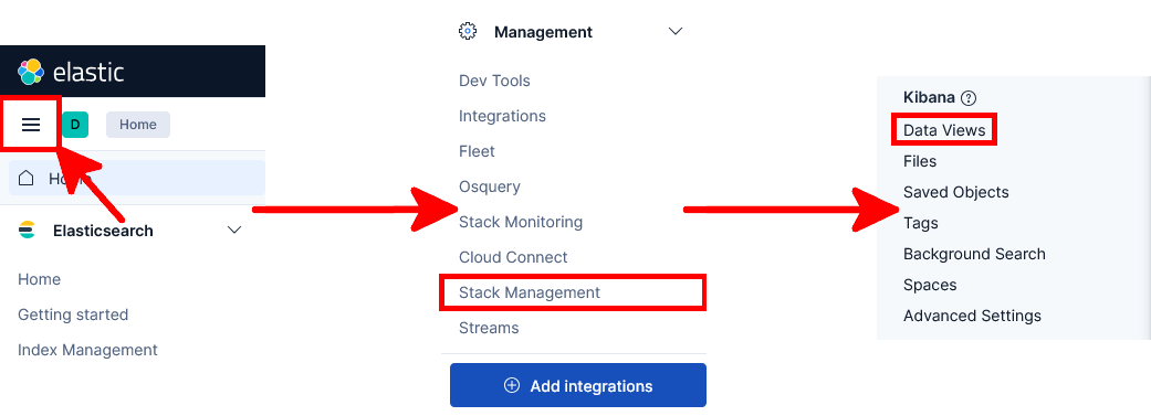 Kibana navigation menu showing the path to Stack Management and Data Views