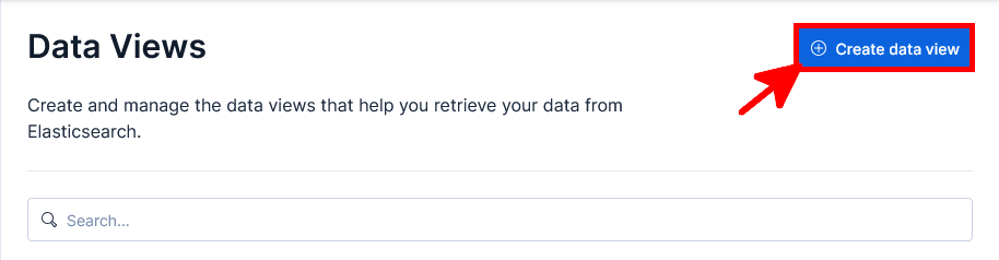 Kibana Data Views page with the Create data view button highlighted