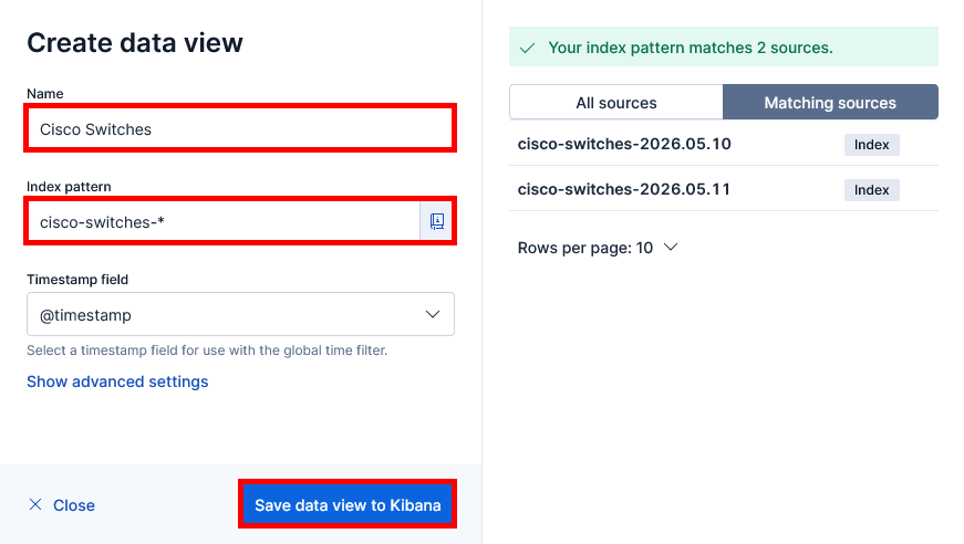 Kibana Create data view screen using the cisco-switches wildcard index pattern for Cisco switch logs