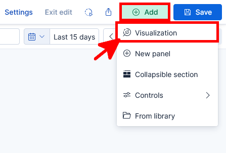 Kibana dashboard Add menu with the Visualization option highlighted
