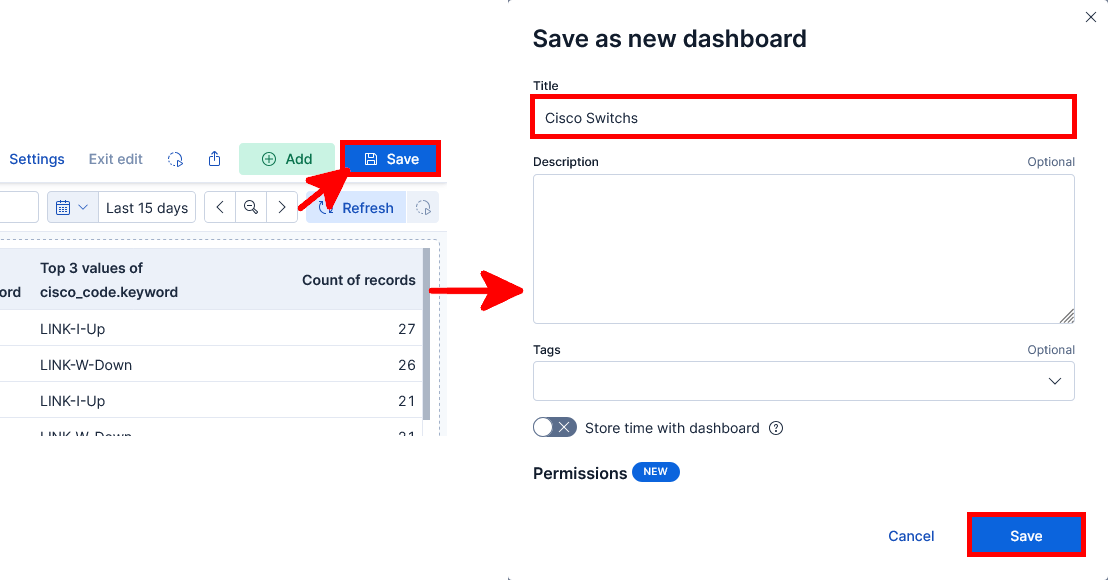 Kibana Save as new dashboard window used to save a Cisco switch monitoring dashboard
