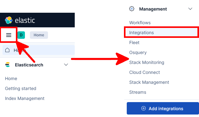Kibana interface showing how to open the main menu and access Management Integrations