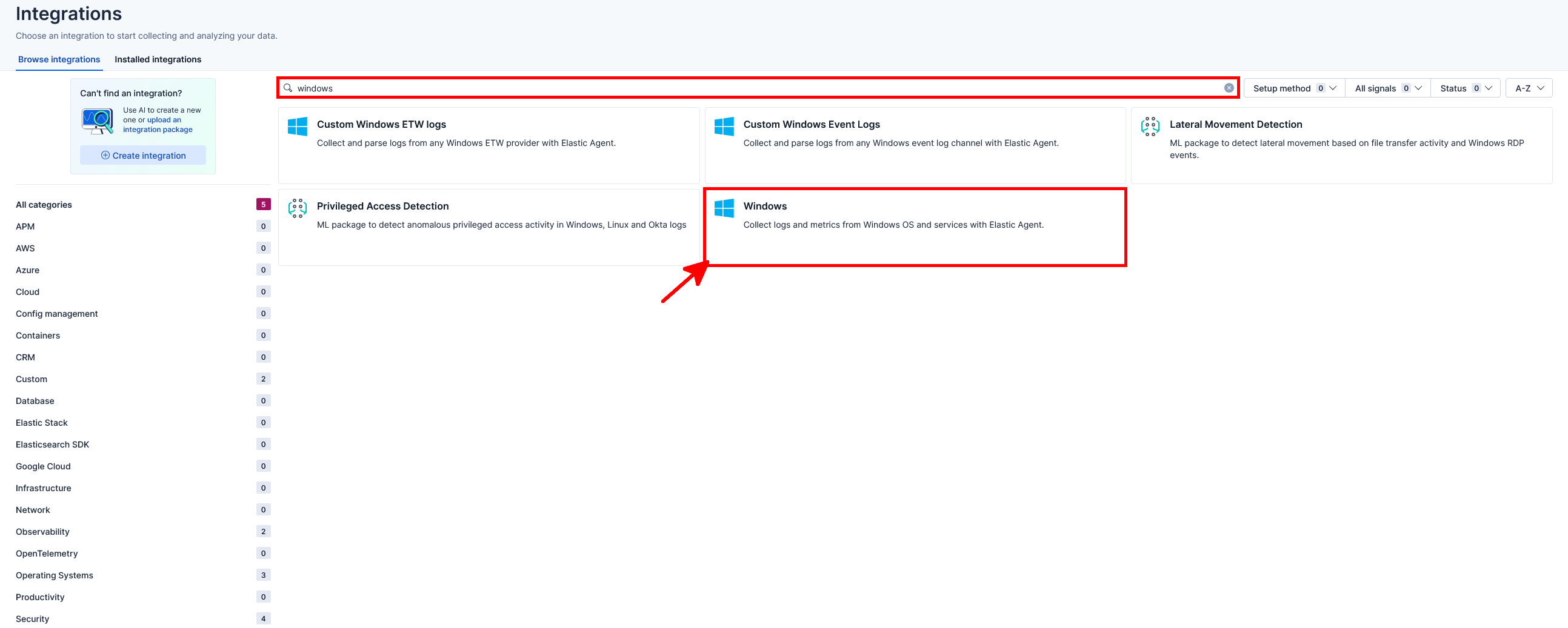 Kibana Integrations page showing a search for Windows and the Windows integration selected