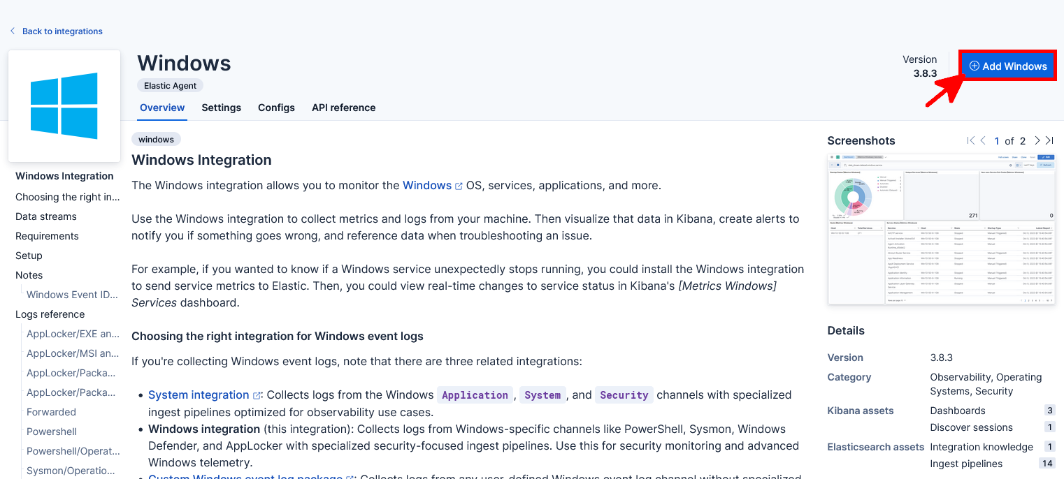 Kibana Windows integration page showing the Add Windows button used to configure Windows monitoring with Elastic Agent