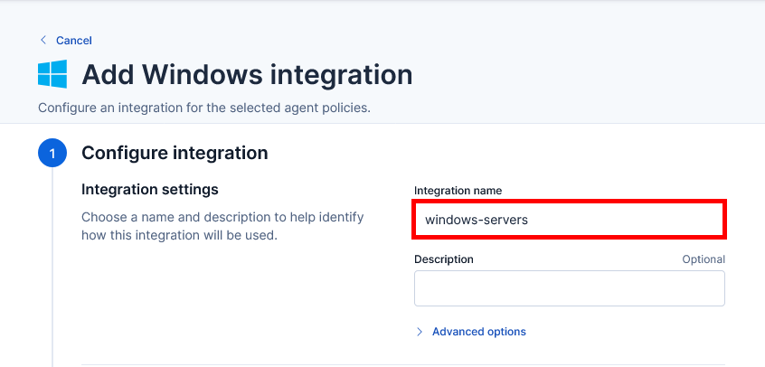 Kibana Add Windows integration page showing the integration name field configured for Windows servers