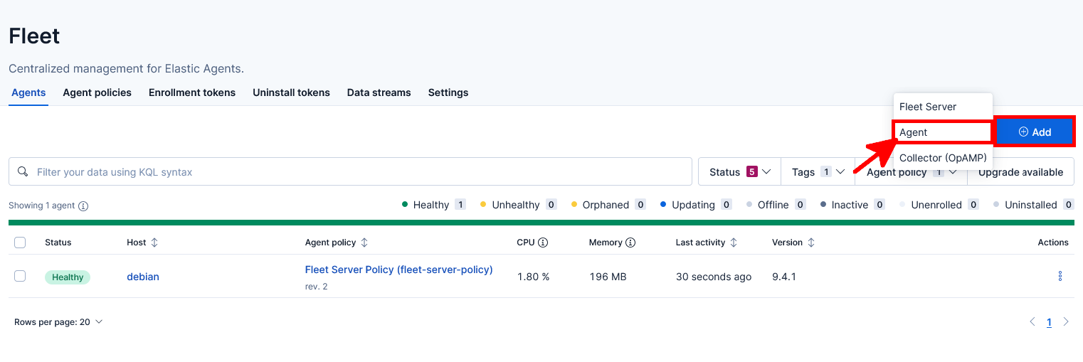 Kibana Fleet page showing the Add menu used to select Agent and enroll a new Elastic Agent