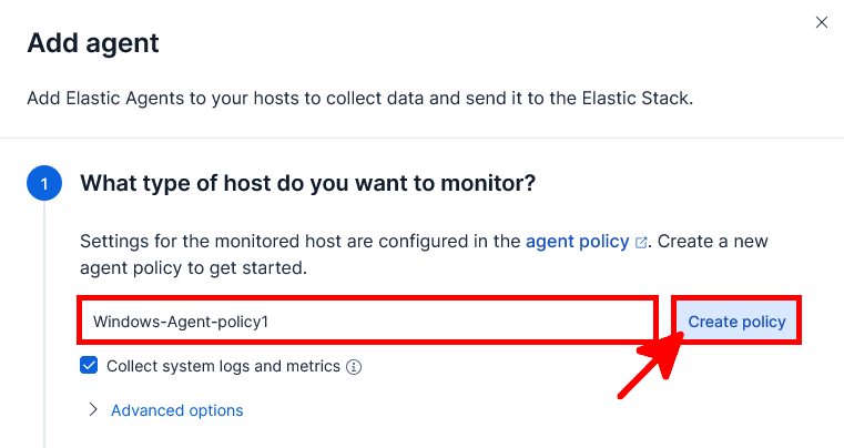 Kibana Fleet Add agent window showing the agent policy name field and the Create policy button for enrolling Elastic Agent on Windows
