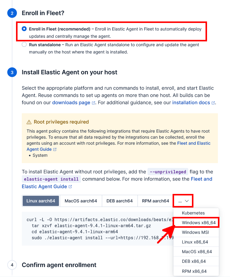 Kibana Fleet Add agent window showing the Enroll in Fleet option selected and the Windows x86_64 Elastic Agent platform selected