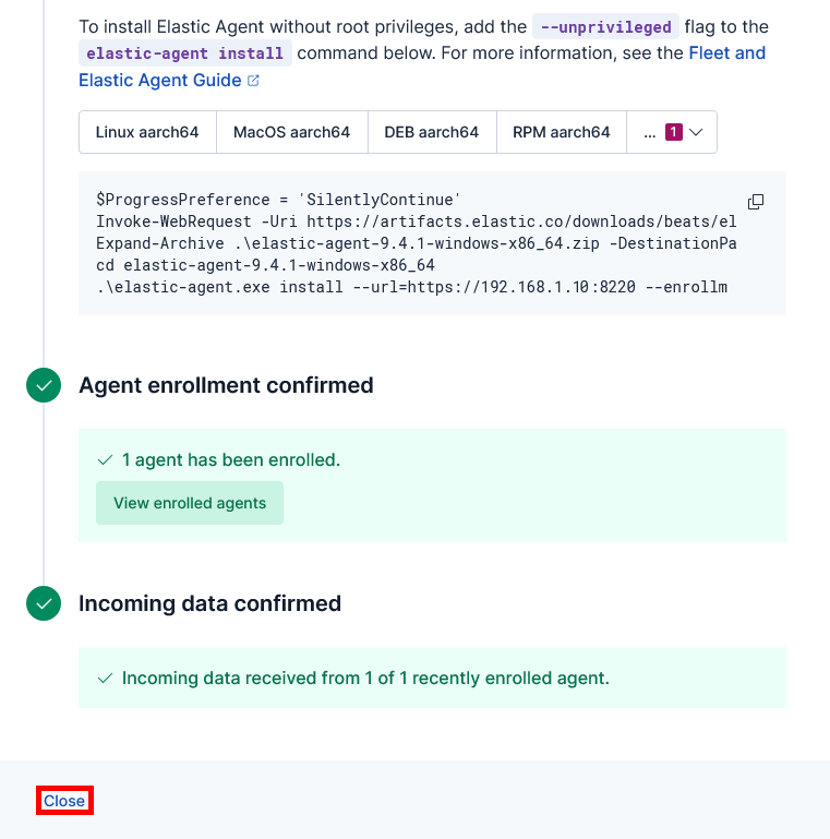 Kibana Fleet confirmation screen showing that Elastic Agent enrollment is confirmed and incoming data has been received from the Windows server