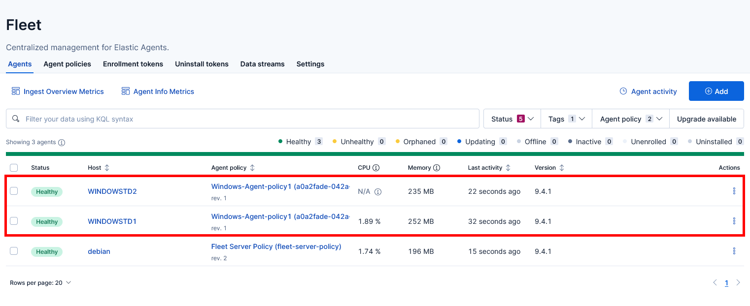 Kibana Fleet Agents tab showing multiple Windows servers enrolled with Elastic Agent and marked as healthy