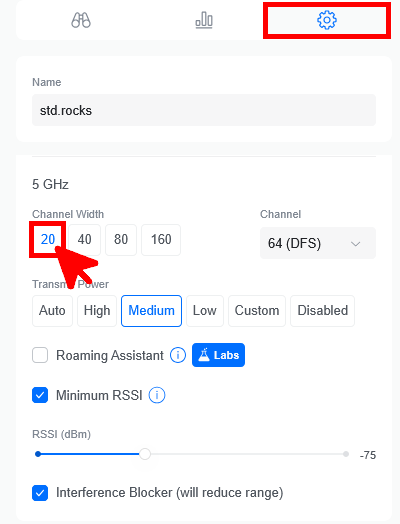 UniFi 5GHz WiFi settings with channel width set to 20 MHz for high-density environments