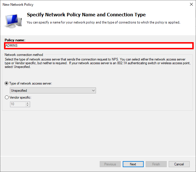 NPS configuration window where the network policy is named 'ADMINS' and the network access server type is set to Unspecified.