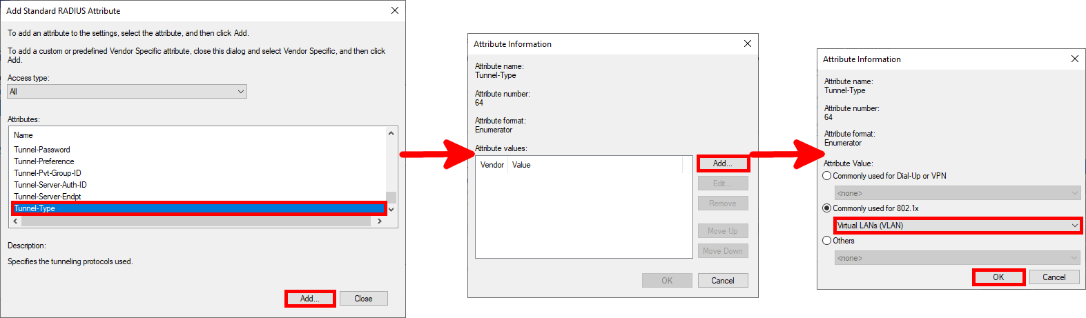 Step-by-step view of adding the Tunnel-Type RADIUS attribute in NPS and setting its value to 'Virtual LANs (VLAN)' for 802.1x authentication.