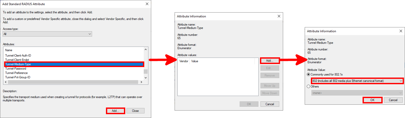 Step-by-step view of adding the Tunnel-Medium-Type RADIUS attribute in NPS and setting its value to '802 (includes all 802 media plus Ethernet canonical format)'.