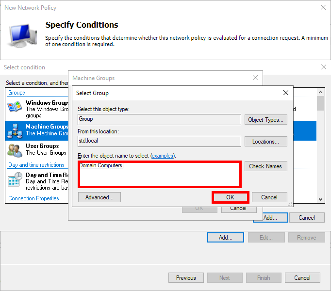 Screenshot of the 'Select Group' window in Windows Network Policy Server (NPS). The 'Domain Computers' group is entered as the selected machine group for the policy, with the 'OK' button highlighted to confirm the selection.