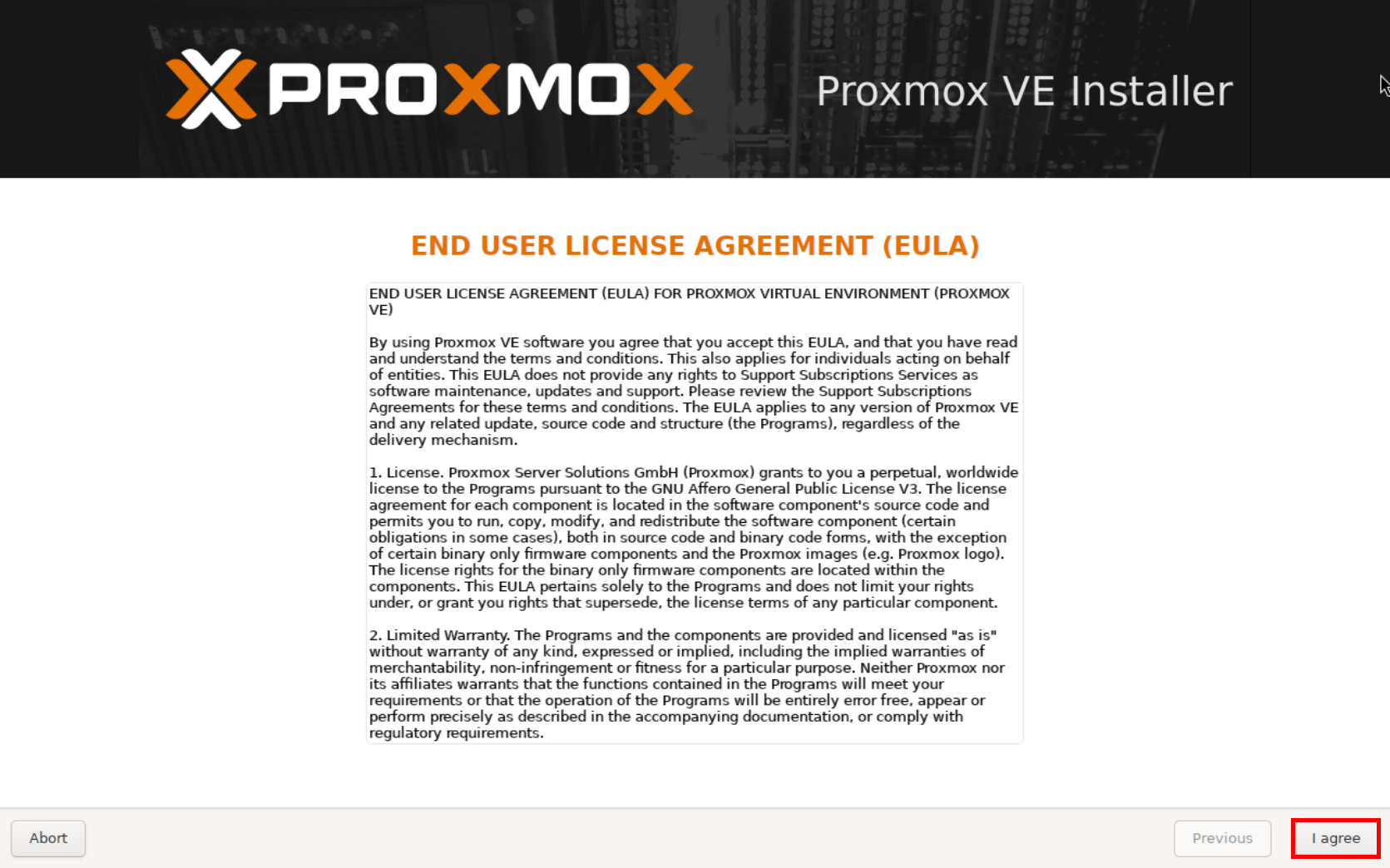 Proxmox VE installer EULA screen
