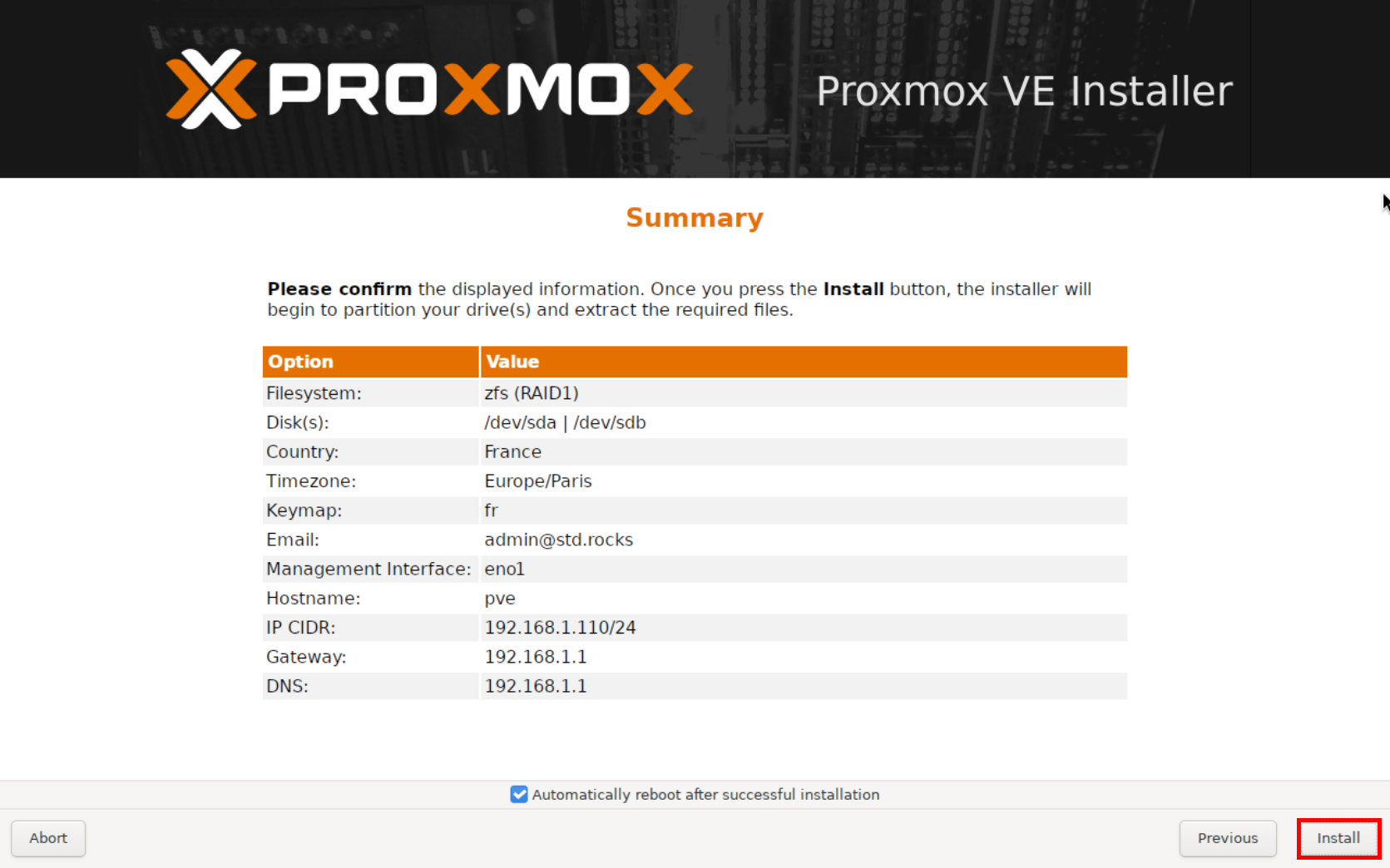 Proxmox VE installer summary screen