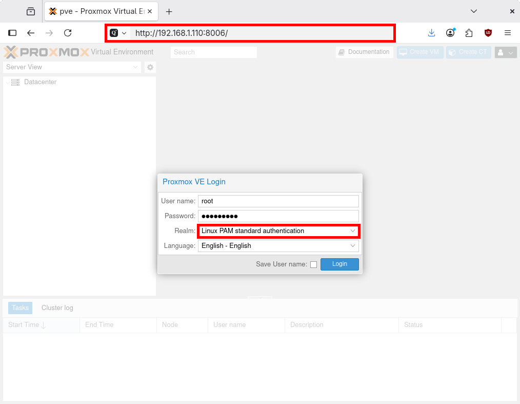 Proxmox VE web interface login screen