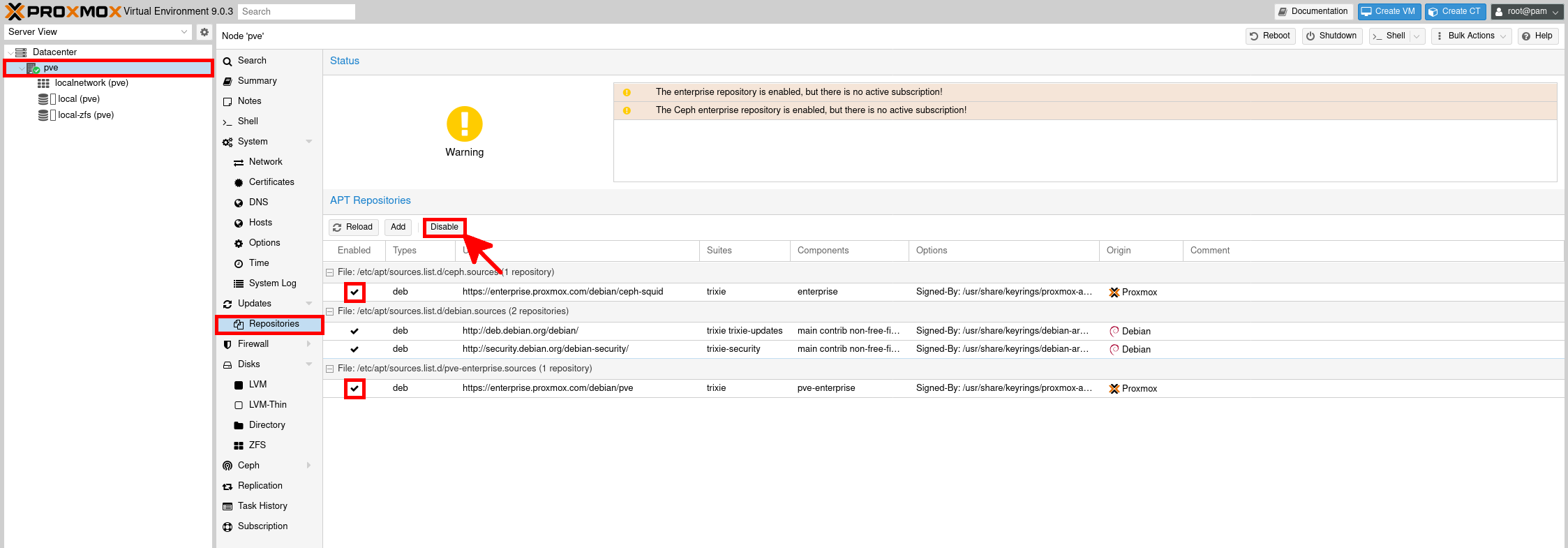 Proxmox VE 9 disabling enterprise repositories
