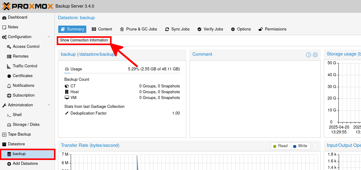 PBS datastore summary with Show Connection Information highlighted