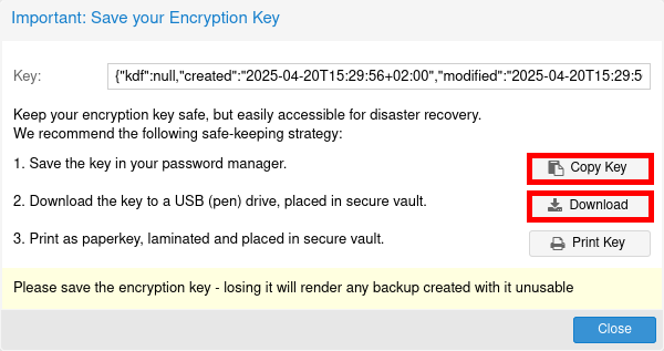 Save, copy or download encryption key for PBS secure backup access