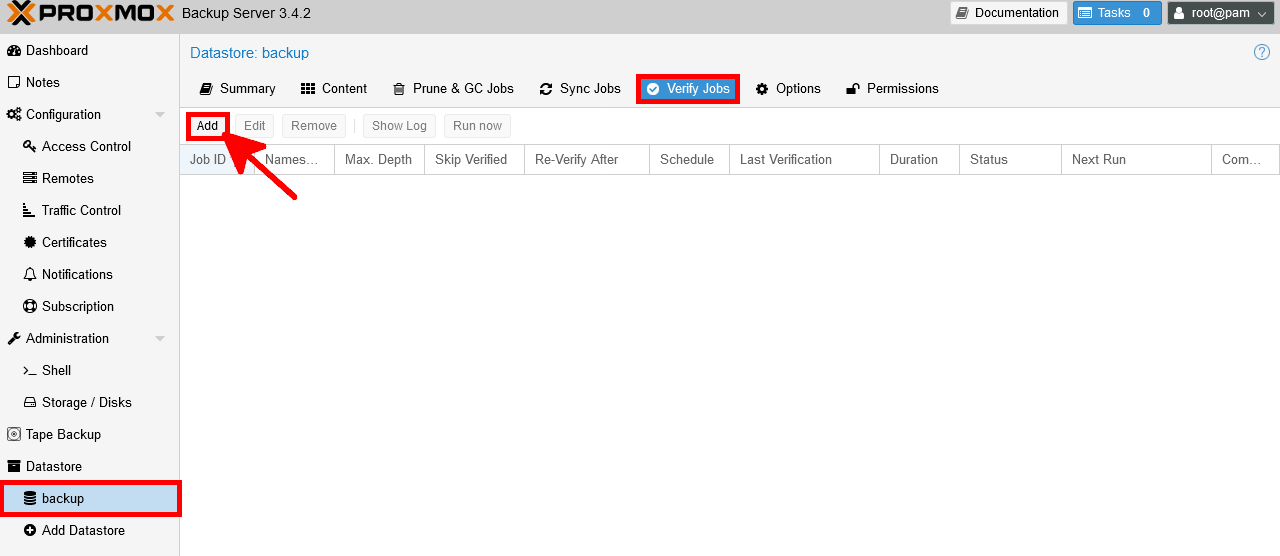 Proxmox Backup Server interface with 'Verify Jobs' tab selected and the 'Add' button highlighted to configure a new verification task