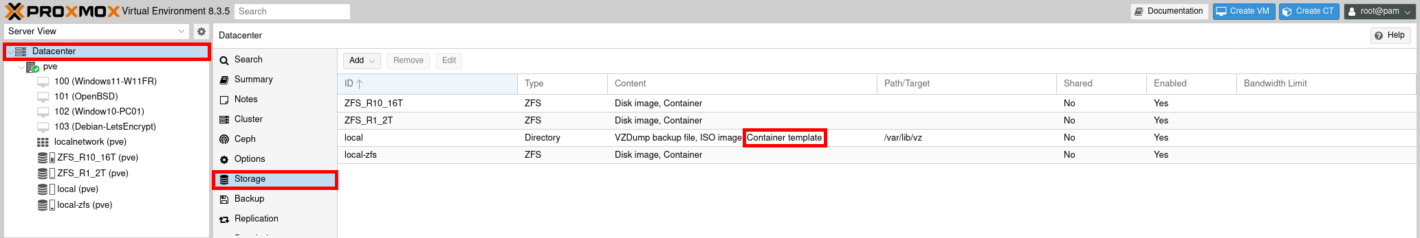 Proxmox Storage settings showing available storage types and container template option