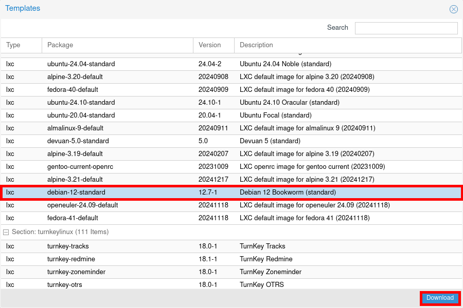 Proxmox interface displaying available LXC container templates with Debian 12 Bookworm selected for download