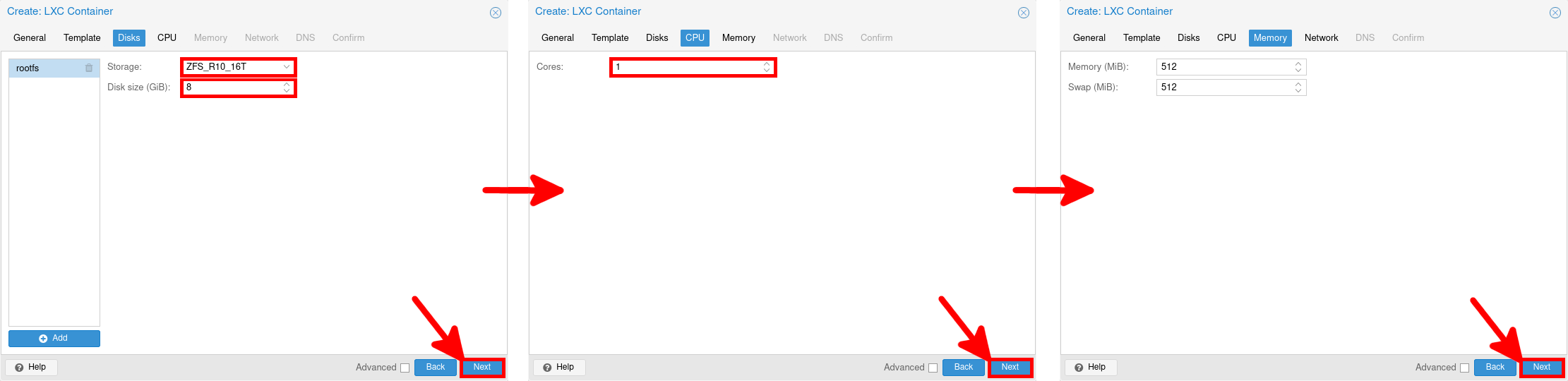 Proxmox VE interface displaying the LXC container creation process, focusing on disk allocation (8 GiB on ZFS storage), CPU core assignment (1 core), and memory configuration (512 MiB RAM and 512 MiB swap).