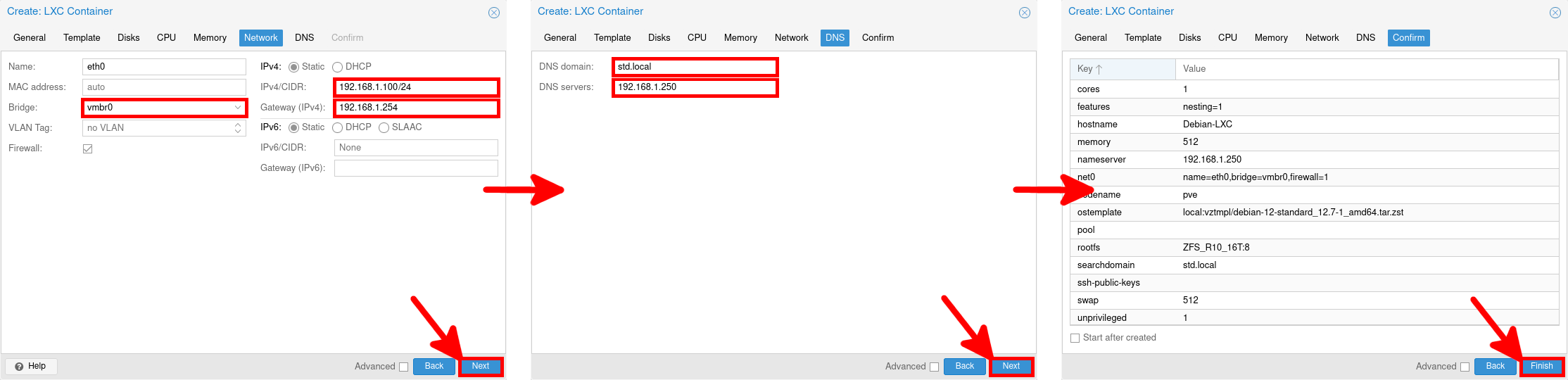 Proxmox VE interface displaying the final steps of LXC container creation, including network configuration (bridge vmbr0, static IP 192.168.1.10/24, gateway 192.168.1.4), DNS settings (domain std.local, server 192.168.1.250), and summary confirmation before completion.