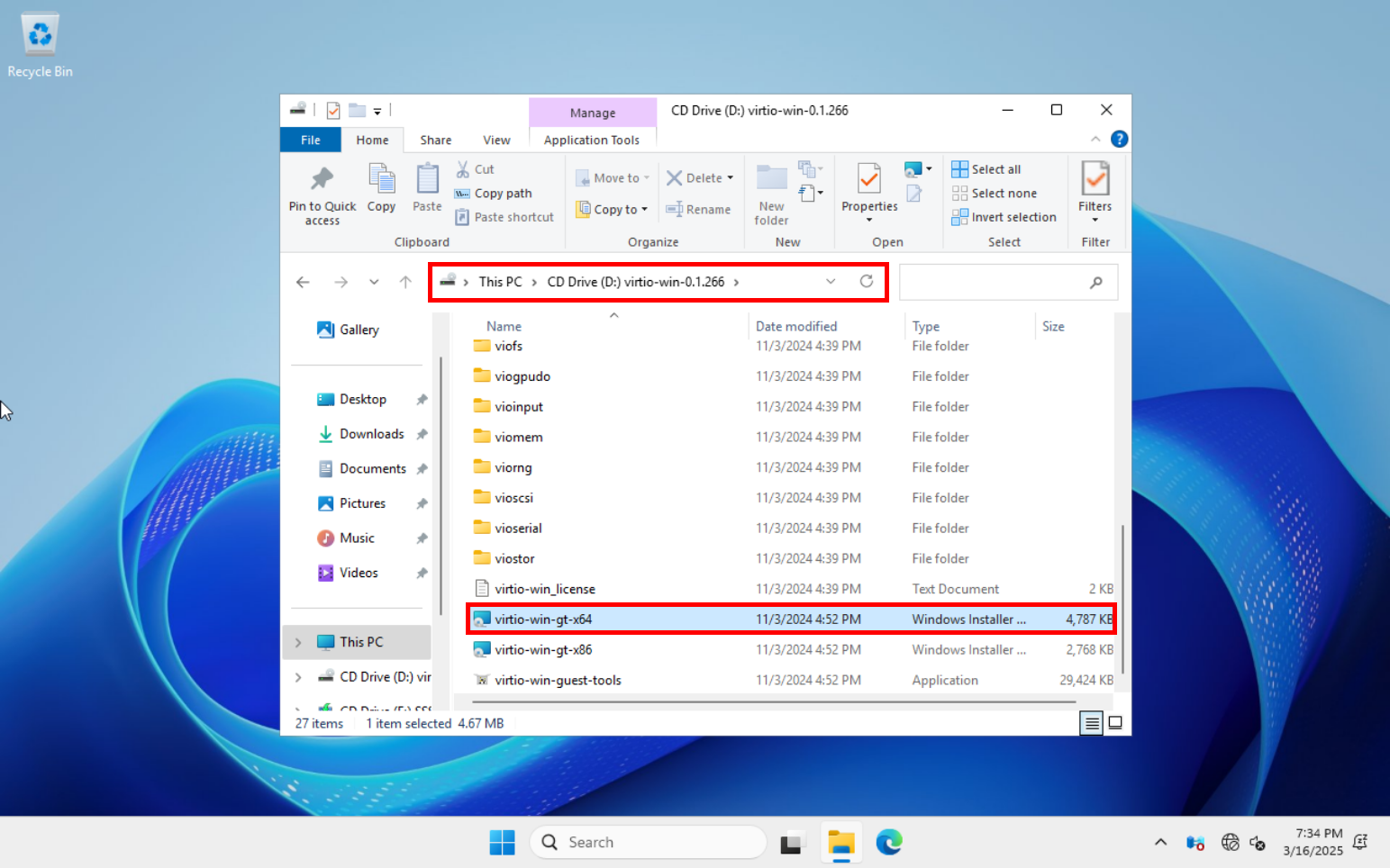 Windows 11 running in a Proxmox VM, displaying the contents of the VirtIO driver ISO in File Explorer. The 'virtio-win-gt-x64' Windows Installer package is highlighted, indicating the installation of VirtIO guest tools.