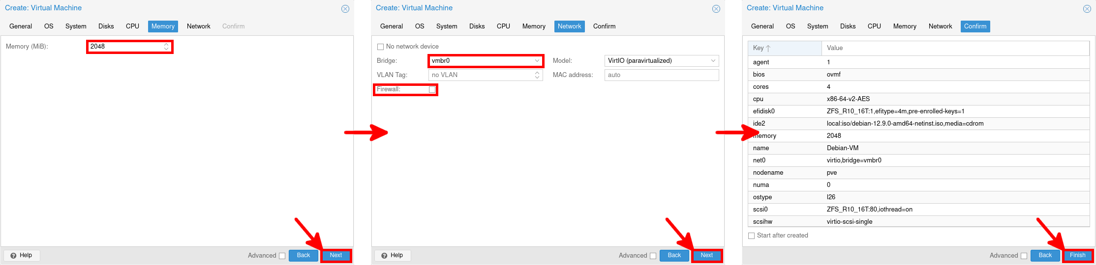 Proxmox VE interface displaying the final steps of Debian VM creation. Memory is set to 2048 MiB, network bridge is configured to vmbr0 with VirtIO paravirtualized model, and the summary confirmation is shown before completing the setup.