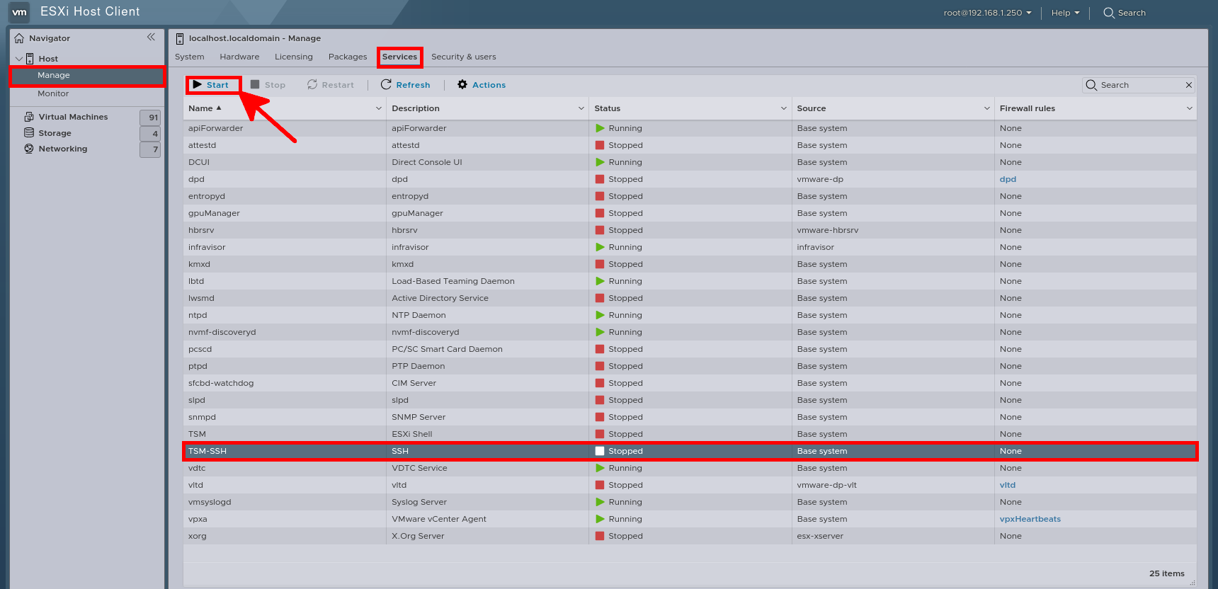 ESXi client interface showing how to activate the SSH service via the Manage > Services tab.