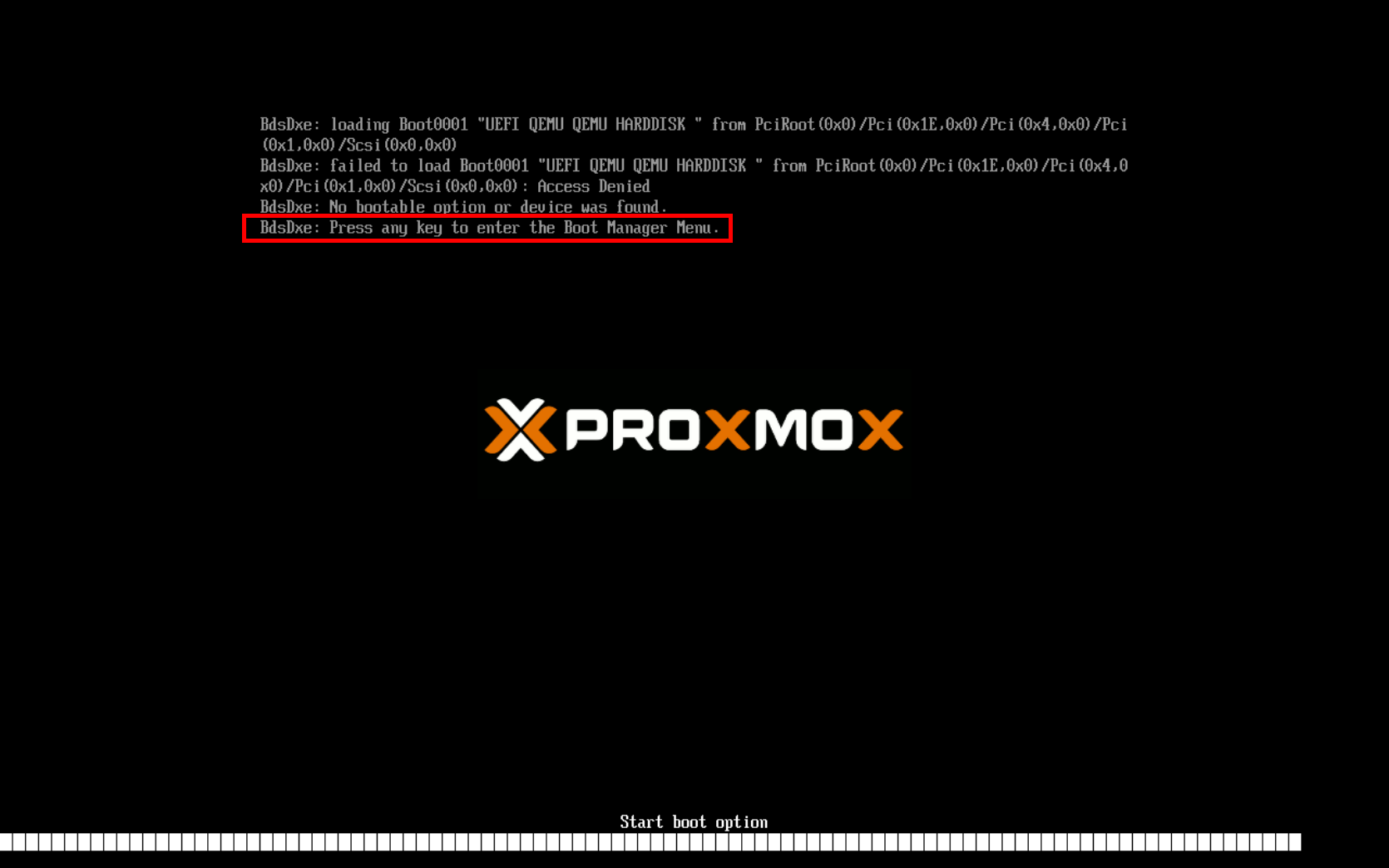 UEFI boot failure of a Proxmox virtual machine with ‘Access Denied’ message and option to enter Boot Manager.