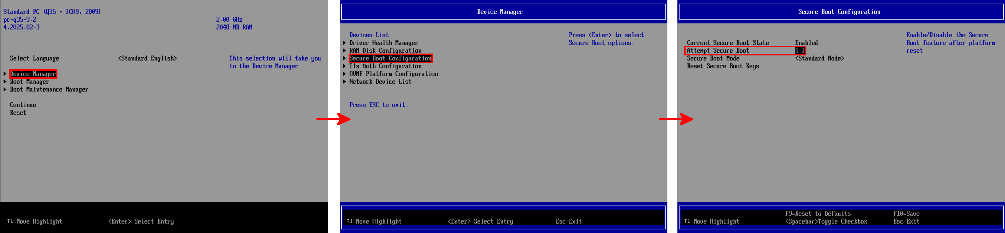 Disable the Secure Boot option in the UEFI Device Manager of a Proxmox VM via Secure Boot Configuration.