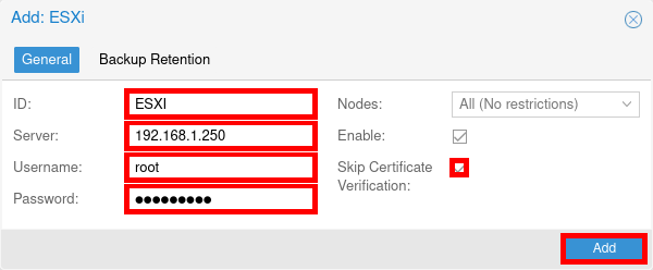 ESXi storage configuration form in Proxmox VE, showing fields for ID, server IP, username, password, and certificate verification options.