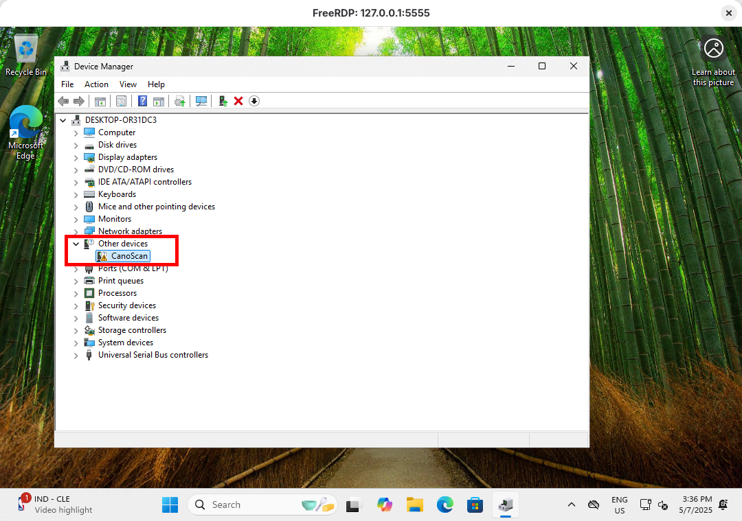 Windows 11 Device Manager showing Canon CanoScan scanner detected under Other devices via USB passthrough in QEMU