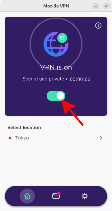 Mozilla VPN desktop application with VPN is on status, showing secure and private connection to Tokyo server with toggle switch enabled